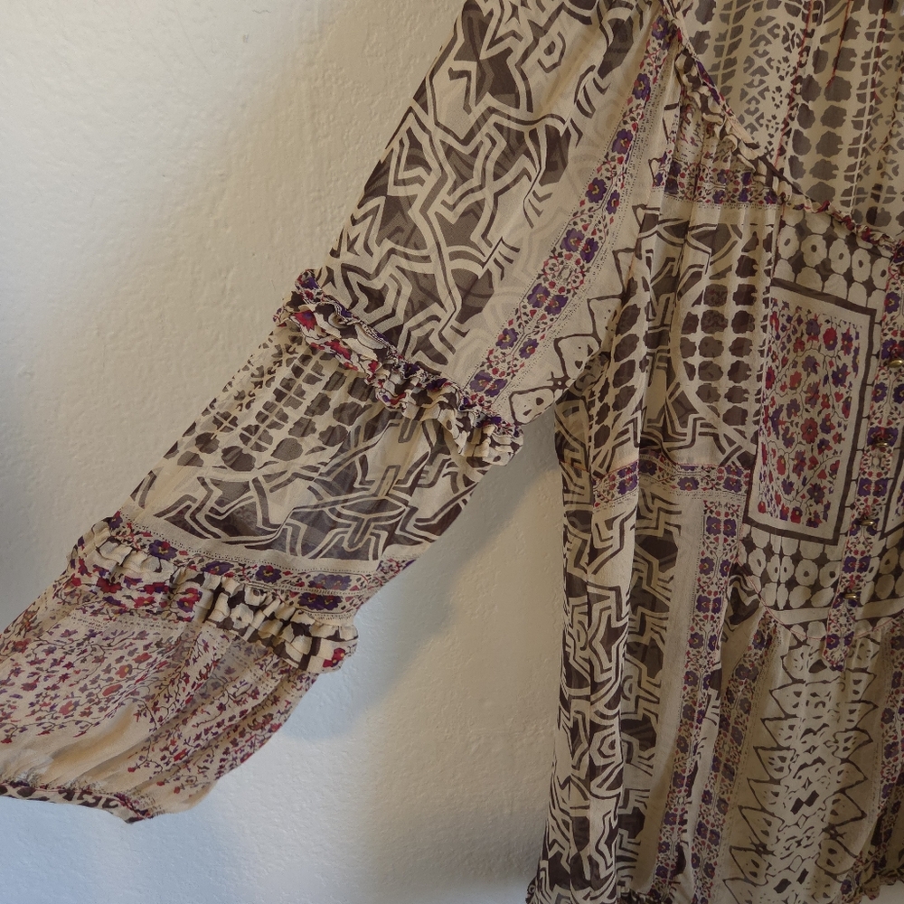 Diane Von Furstenberg Womens Ruffle Blouse 100% Silk Geometric BrownCream Size 0 - Picture 5 of 15